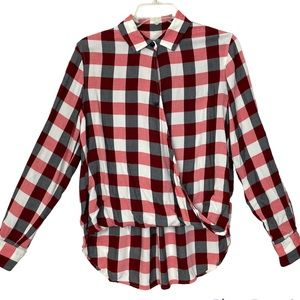 Rag & Bone Women’s Camile Top Blouse Red Ivory Gray Check Plaid Draped Size M